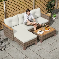Outsunny Salotto da Giardino in Rattan PE con Divano 2 Posti, Chaise Longue e Tavolino da Caffè, Crema(m-9)