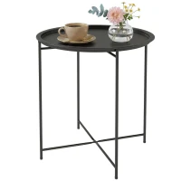 Outsunny Mesa de Jardín Redonda con Bandeja Extraíble Patas Ajustables y Acabado en Acero para Exterior Ø46x50 cm Negro(m-11)