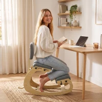 HOMCOM Sedia Ergonomica Inginocchiata in Tessuto Effetto Lino e Compensato di Betulla, Grigio(m-8)