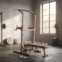 HOMCOM Power Tower Pieghevole con Panca Piana Regolabile, Rack Palestra Multifunzione con Barre per Dip e Trazioni, Altezza Regolabile 7 Livelli, in Acciaio, Allenamento Fitness Casa Palestra, Rosso(m-3)