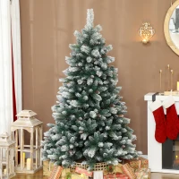 HOMCOM Kunstkerstboom 180 cm met sneeuw, 1000 uiteinden, 34 dennenappels, brede basis(m-2)