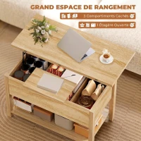 HOMCOM Table basse relevable et extensible table de salon avec compartiment caché étagère ouverte 100x45x50,5cm bois naturel(m-5)