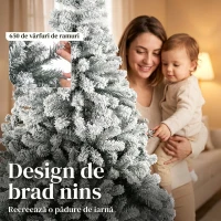 HOMCOM Brad Artificial de Crăciun 180 cm cu 650 Ramuri Ignifuge, Efect Înzăpezit Realist și Bază din Oțel, Verde și Alb(m-5)