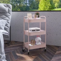 HOMCOM Multifunctionele Winkelwagen Keukenwagen, 3 Planken, 4 Wielen, 45 cm x 30,6 cm x 79 cm, Roze(m-7)