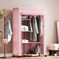 HOMCOM Armoire penderie en tissu meuble de rangement 6 roulettes tringle à vêtements et étagères ouvertes 103x43x162,5cm rose(m-8)