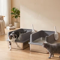 PawHut Juego de 2 Areneros Gatos de Acero Inoxidable XL Borde Alto 2 Palas para Gatos Grandes y Gatitos Múltiples Gris Oscuro(m-8)