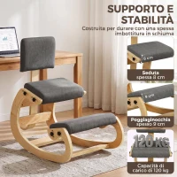 HOMCOM Sedia Ergonomica Inginocchiata in Tessuto Effetto Lino e Compensato di Betulla, Grigio(m-7)