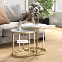 HOMCOM Set van 2 Salontafels, Ovale en ronde koffietafel, stapelbaar, met marmerlook, Staal, Ø50 x 50,5 cm, Wit(m-5)