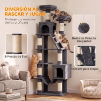 PawHut Árbol Rascador para Gatos 204 cm Multinivel con 2 Cuevas Hamaca 2 Camas Postes de Sisal Escalera 2 Bolas Gris Oscuro(m-6)