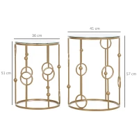 HOMCOM 2-delig Salontafelset, Bijzettafel met Glazen Blad, Woonkamer Tafel met Reifen- en Kogelontwerp Ø41 x 57 cm, Goud(m-3)