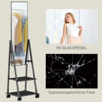 HOMCOM Verrijdbare Volledige Lichaamsspiegel met 2 Planken en 4 Wielen, voor Slaapkamer, Woonkamer, Hal, Zwart(m-7)