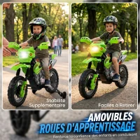 HOMCOM Moto électrique enfants, moto cross pour enfants avec batterie 6 V, phares, musiques et roues d'entraînement, 3 à 6 ans, charge 25KG, vert et noir(m-6)