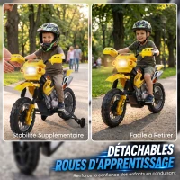 HOMCOM Moto électrique enfants, moto cross pour enfants avec batterie 6 V, phares, musiques et roues d'entraînement, 3 à 6 ans, charge 25KG, jaune et noir(m-6)