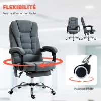 Vinsetto Fauteuil de bureau massant et chauffant, chaise de bureau, hauteur réglable, dossier inclinable, 65x70x111-119cm, gris(m-7)
