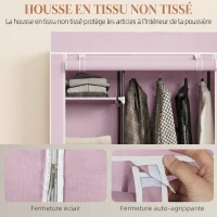 HOMCOM Armoire penderie en tissu meuble de rangement 6 roulettes tringle à vêtements et étagères ouvertes 103x43x162,5cm rose(m-5)