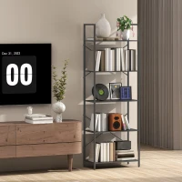 HOMCOM Boekenrek, staand 5-laags, industrieel bureaurek met metalen frame, open opbergrek voor woonkamer, kantoor, studeerkamer, 60x30x170,5 cm, Zwart(m-8)