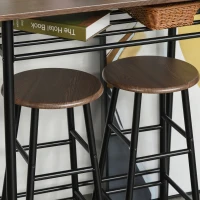 HOMCOM Bartafel Set, 3-delig, Tafel & 2 Krukken, Opbergrek, Industrieel Ontwerp, Zwart/Eiken(m-8)