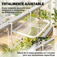 Outsunny Mesa Colgante de Balcón con Brazo Regulable y Altura Ajustable en 3 Posiciones Marco Metálico 60x56x50 cm Blanco(m-4)