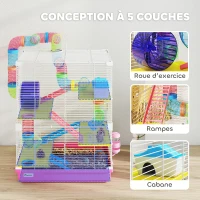 PawHut Cage pour Hamster Rongeur 5 Étages avec Tunnels, Mangeoire, Roue, Maison, Échelles, 46 x 30 x 58 cm, Rose(m-6)