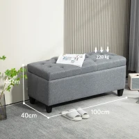 HOMCOM Zitbank, Gestoffeerde Bank met Opbergruimte, Linnenachtig Polyester, Rubberhout, 100 x 40 x 44 cm, Lichtgrijs(m-3)
