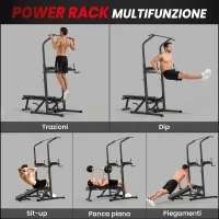 HOMCOM Power Tower Pieghevole, Stazione Fitness Multifunzione Regolabile in 7 Posizioni con Sbarra Trazioni, Dip Station, Pull UP Station(m-4)