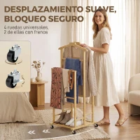 HOMCOM Galán de Noche de Bambú con Ruedas Barras para Ropa Soporte para Pantalones Bandeja y Estante Inferior Natural(m-6)