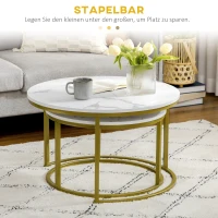 HOMCOM Bijzettafel set, 2 delige tafelset, Ø74 & Ø59 cm, Marmerlook, Frame in goud(m-4)