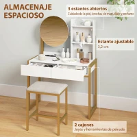 HOMCOM Tocador de Maquillaje con Espejo y Taburete Acolchado Estación de Carga 2 Cajones 3 Estantes para Dormitorio Blanco(m-6)