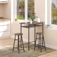 HOMCOM Bartafel Set, 3-delig, Tafel & 2 Krukken, Opbergrek, Industrieel Ontwerp, Zwart/Eiken(m-2)