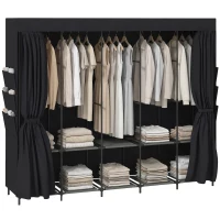 HOMCOM Dulap Textil Compact cu 5 Bare, 5 Rafturi, 6 Buzunare Laterale, Uși Anti-Praf cu Fermoar, Negru(m-11)