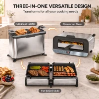 HOMCOM 3-in-1 Electric Mini Oven, Long Slot Toaster and Tabletop Grill, with LED Display, 60 Min Timer, Stainless Steel, 1700W(m-4)