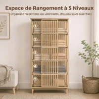 HOMCOM Armoire Chambre Penderie en Bambou 5 Niveaux avec Porte Coulissante, Design Aéré à Lattes, Bois Naturel(m-6)