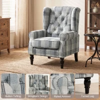 HOMCOM Faux Linen Armchair with Thick Spring Cushion, Wingback Accent Chair with High Back, Solid Wood Legs, Mixed Plaid(m-4)