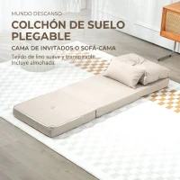 HOMCOM Sofá Cama Individual Plegable Sofá Cama Tapizado en Lino con Respaldo Ajustable 5 Posiciones 1 Almohada Beige(m-8)