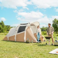 Outsunny Inflatable Camping Tent w/ Air Pump, Easy Setup 2-3 Person Blow Up Tent, Khaki(m-2)