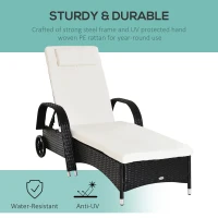 Outsunny Rattan Sun Lounger, Garden Lounger Recliner with Wheels and Adjustable Backrest, Outdoor Reclining Sunbed Garden Chair with Cushion and Headrest for Patio, Beach, Terrace, Black(m-4)