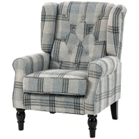 HOMCOM Faux Linen Armchair with Thick Spring Cushion, Wingback Accent Chair with High Back, Solid Wood Legs, Mixed Plaid(m-15)