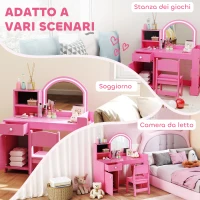 AIYAPLAY Set Toeletta Trucco per Bambini 2 in 1 con Specchio, Sedia, Luce LED, Armadietto, Scaffali e Libreria, Rosa(m-7)