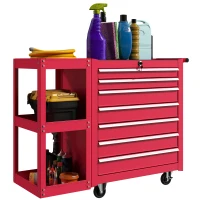 HOMCOM Cărucior pentru atelier Cărucior pentru scule cu 7 sertare raft lateral detașabil 4 roți cu frână de blocare, 96x33,5x75cm, Roșu(m-7)