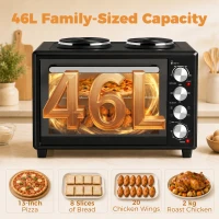HOMCOM 46L Mini Oven with Dual Hot Plates, Electric Countertop Cooker with Convection, 90–230°C Adjustable Temperature(m-5)