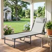 Outsunny Foldable Sun Lounger, Outdoor 4 Level Adjustable Backrest Reclining Chaise Chair, Steel Frame Recliner Chair for Camping, Hiking, Cream White(m-2)