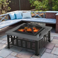 Outsunny Metal Large Firepit Outdoor Square Fire Pit Brazier with Rain Cover, Lid, Log Grate, Poker for Backyard, Camping, BBQ, Bonfire, Wood Burning Stove, 86 x 86 x 54cm, Black(m-9)