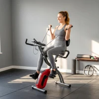 SPORTNOW 4-In-1 Folding Exercise Bike with Resistance Bands, Bluetooth App, 8-Level Magnetic Resistance, LCD Display, Red(m-9)