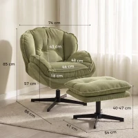 HOMCOM Armchair with Adjustable Footstool, 360° Swivel Chenille Cloud Accent Chair with Thick Cushion, Steel Base, Green(m-3)