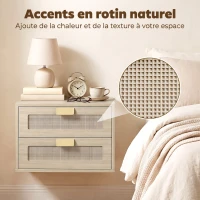 HOMCOM Lot de 2 Tables de Chevet Murales, Tables de Nuit Suspendues avec 2 Tiroirs et Plateau à Effet Rotin, Chêne(m-7)