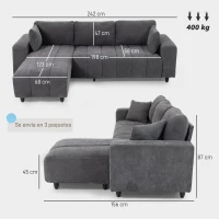 HOMCOM Sofá Chaise Longue Reversible de 4 Plazas 2 Almohadas Tapizado en Lino Marco de Acero 242x156x87 cm Gris Oscuro(m-3)