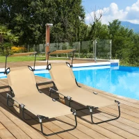 Outsunny 2 Piece Folding Sun Loungers with Canopy, Adjustable Recliner Garden Chairs with Side Pocket, Steel Frame and Breathable Mesh for Outdoor, Pool, Beach, Garden, Tan Brown(m-10)