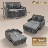 HOMCOM Sofá-cama 2 Lugares 3 em 1 com Encosto Ajustável em 5 Posições, Bolsos Laterais e 2 Almofadas, Cinzento(m-3)
