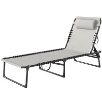 Outsunny Foldable Sun Lounger, Outdoor 4 Level Adjustable Backrest Reclining Chaise Chair, Steel Frame Recliner Chair for Camping, Hiking, Cream White(m-10)