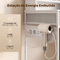 HOMCOM Penteadeira de Maquilhagem com Espelho LED 3 Toneladas de Luz Estação de Carregamento 4 Gavetas 5 Prateleiras Suporte para Secador Branco(m-5)